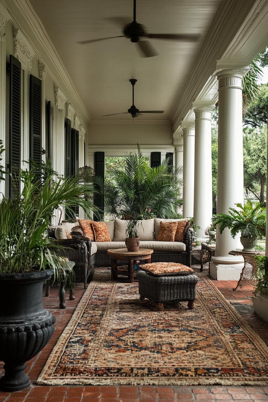 porch with columns woven furniture area rug plants