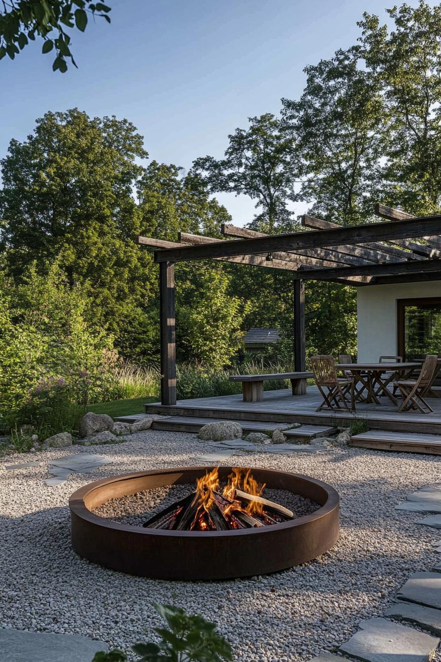 round fire pit on gravel sonte terrace pergola in the back 1