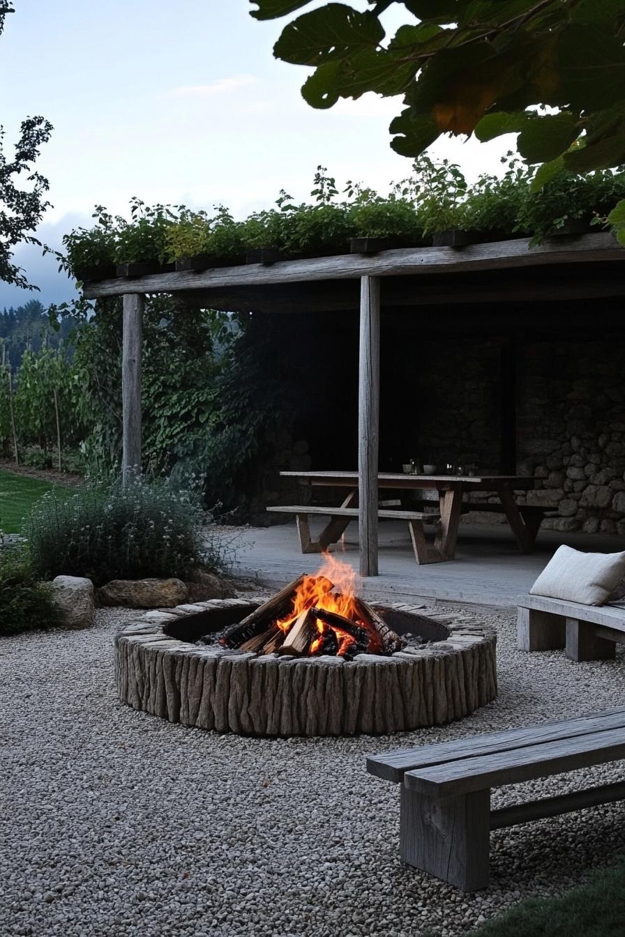 round fire pit on gravel sonte terrace pergola in the back 2