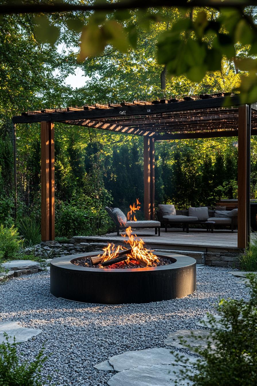 round fire pit on gravel sonte terrace pergola in the back 3