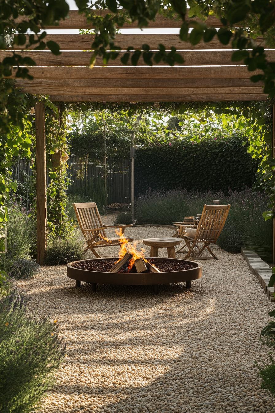 round fire pit on gravel sonte terrace pergola in the back