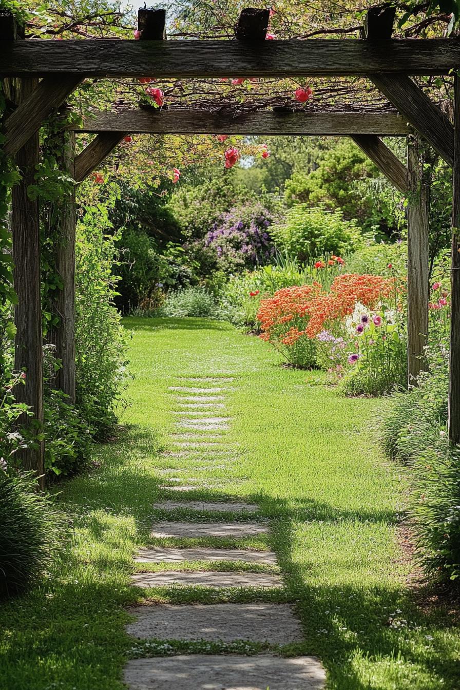 rustic country garden with an arbor with vine flowers grass pathway lush native flower bushes and grasses 1