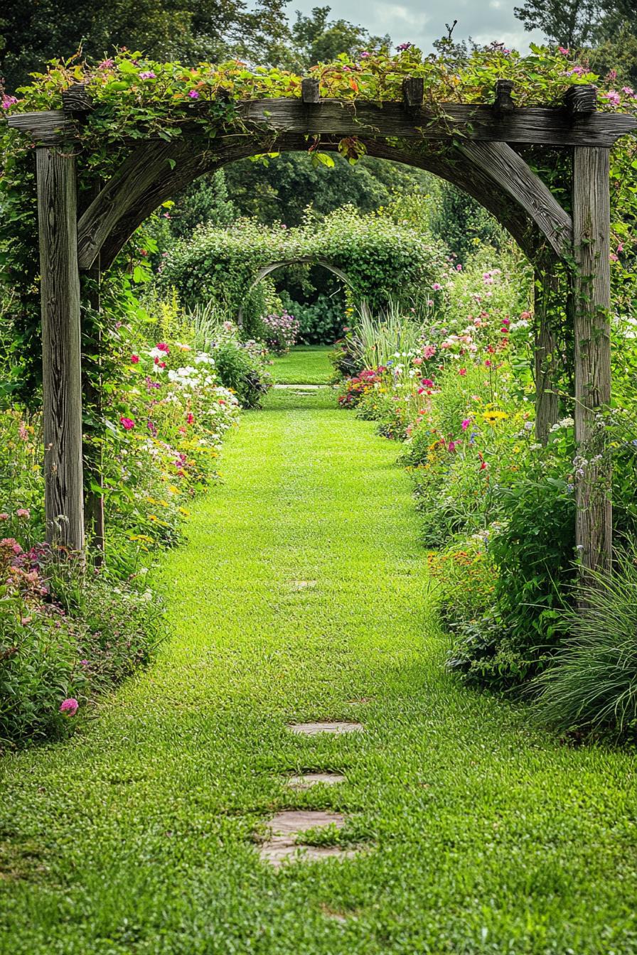 rustic country garden with an arbor with vine flowers grass pathway lush native flower bushes and grasses