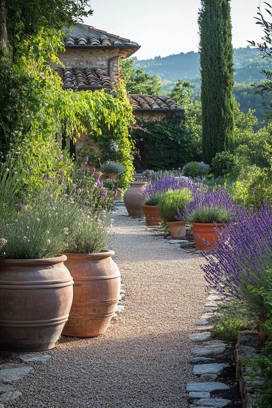 tuscan garden with gravel path stone borders lavender patches potted plants in large vintage clay pots native plants 1