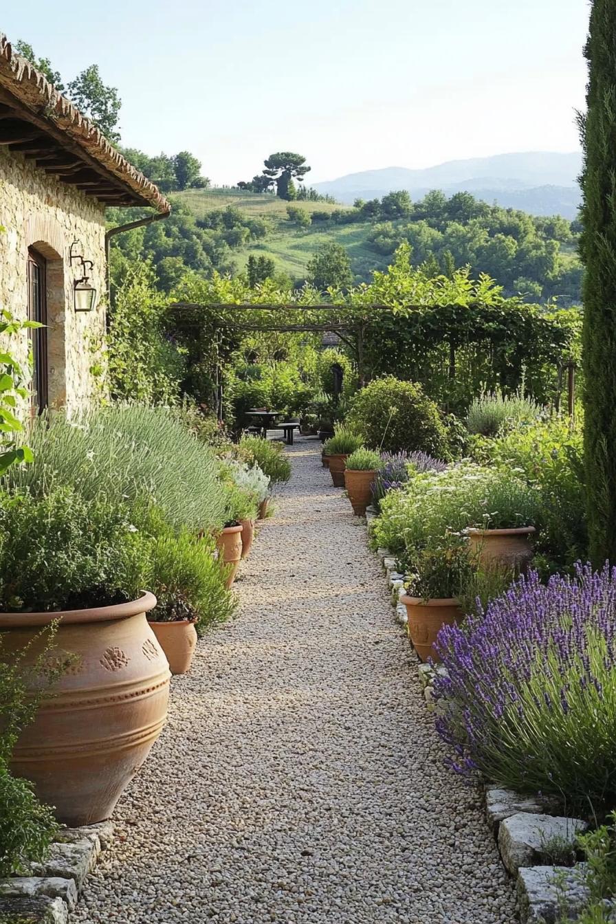 tuscan garden with gravel path stone borders lavender patches potted plants in large vintage clay pots native plants 2