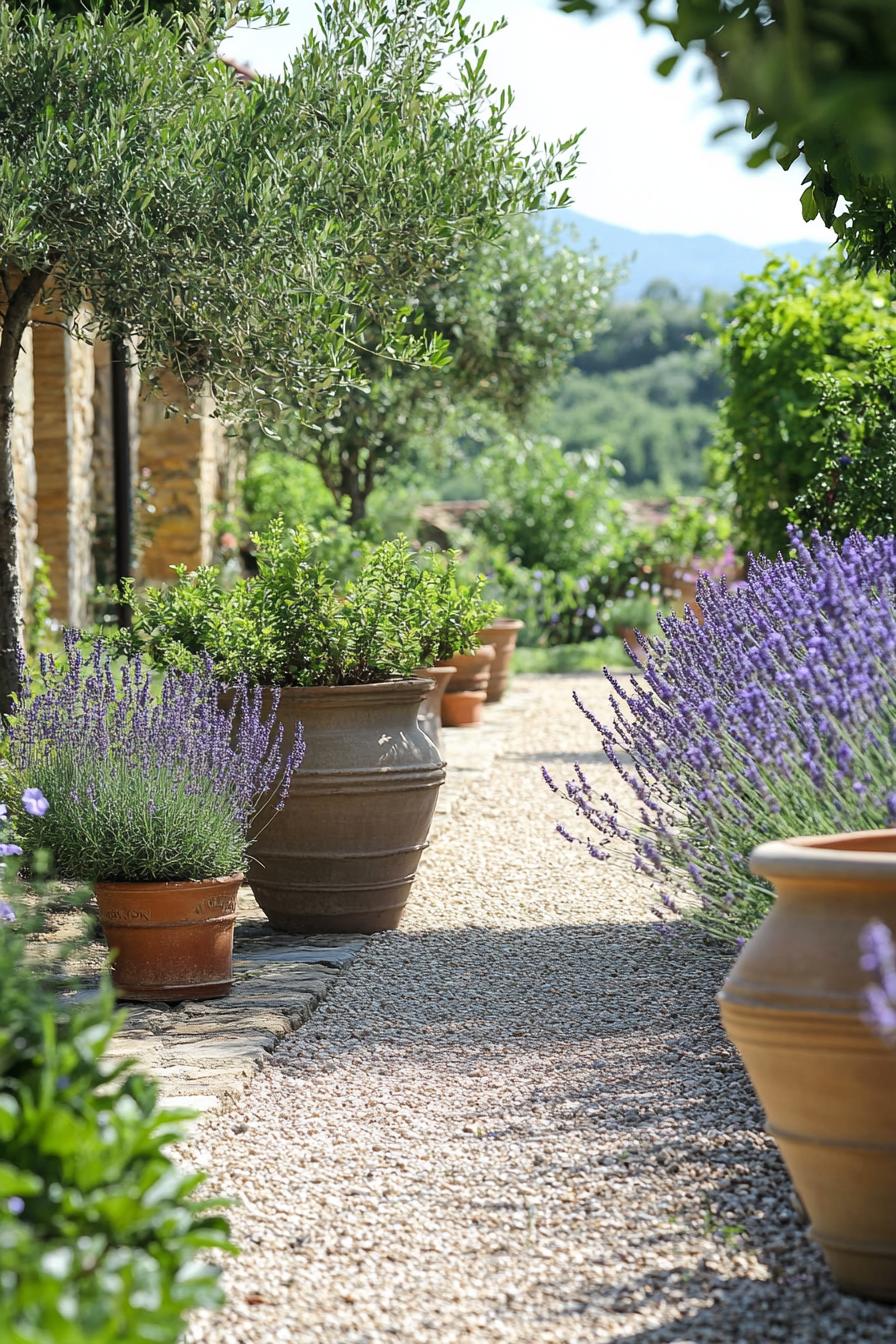 tuscan garden with gravel path stone borders lavender patches potted plants in large vintage clay pots native plants 3