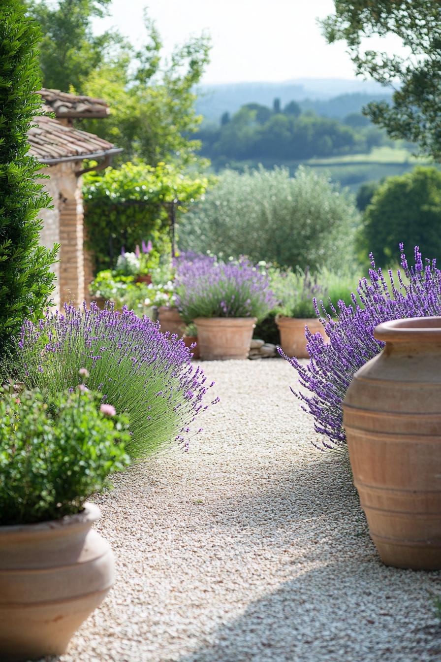 tuscan garden with gravel path stone borders lavender patches potted plants in large vintage clay pots native plants