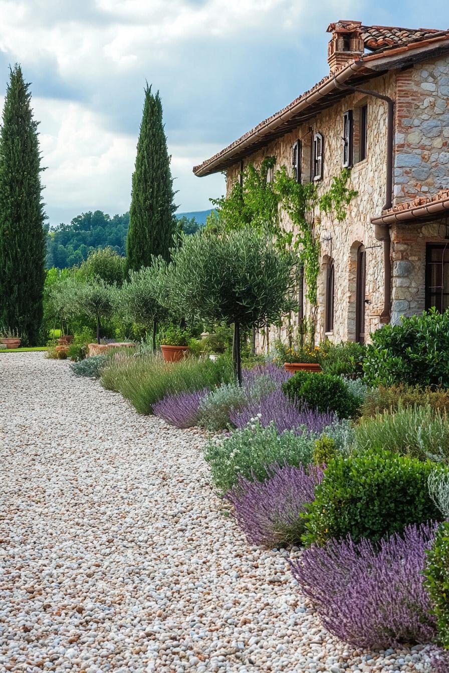 tuscan gravel yard with shrubs trees house wall with vien climbers 1