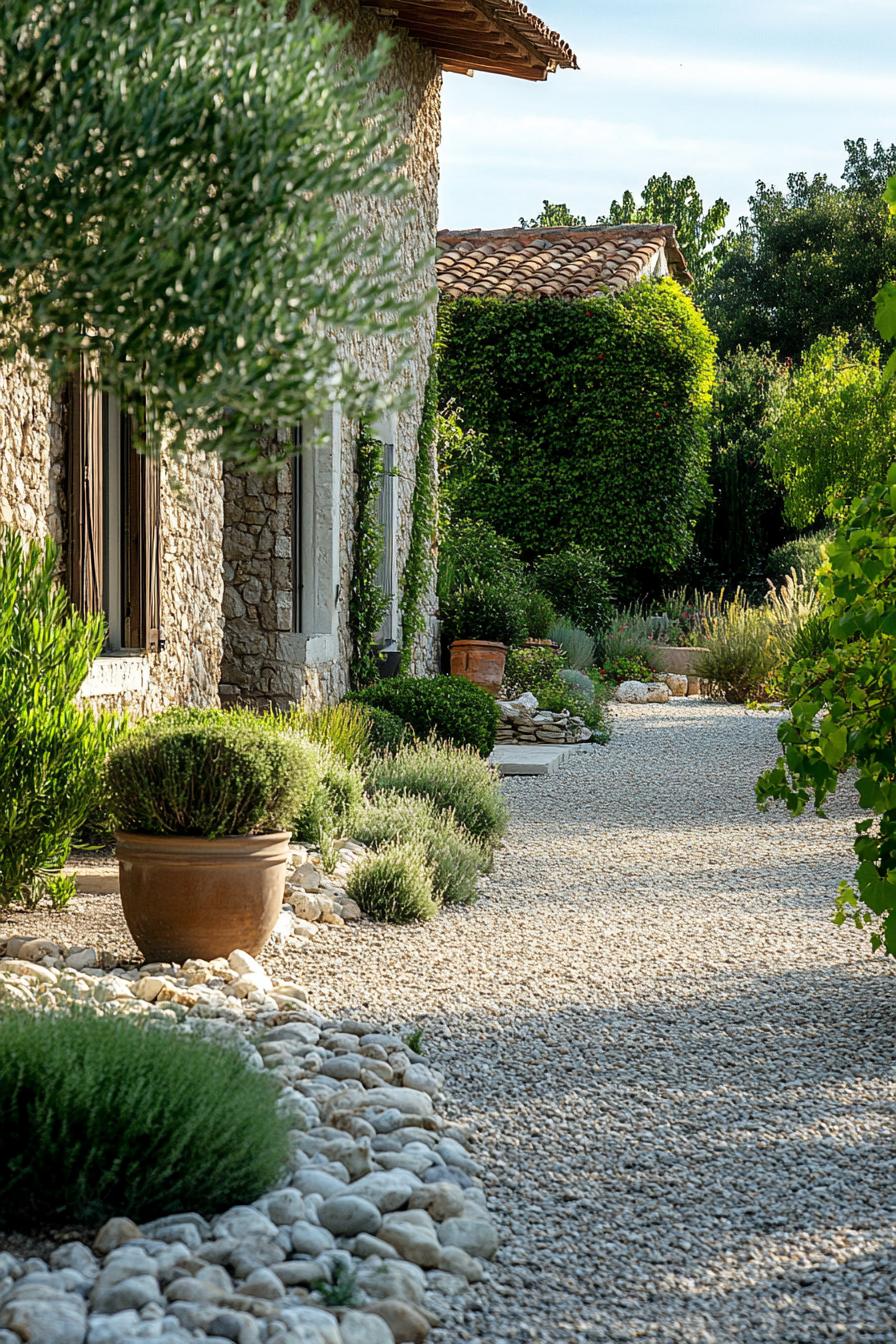 tuscan gravel yard with shrubs trees house wall with vien climbers