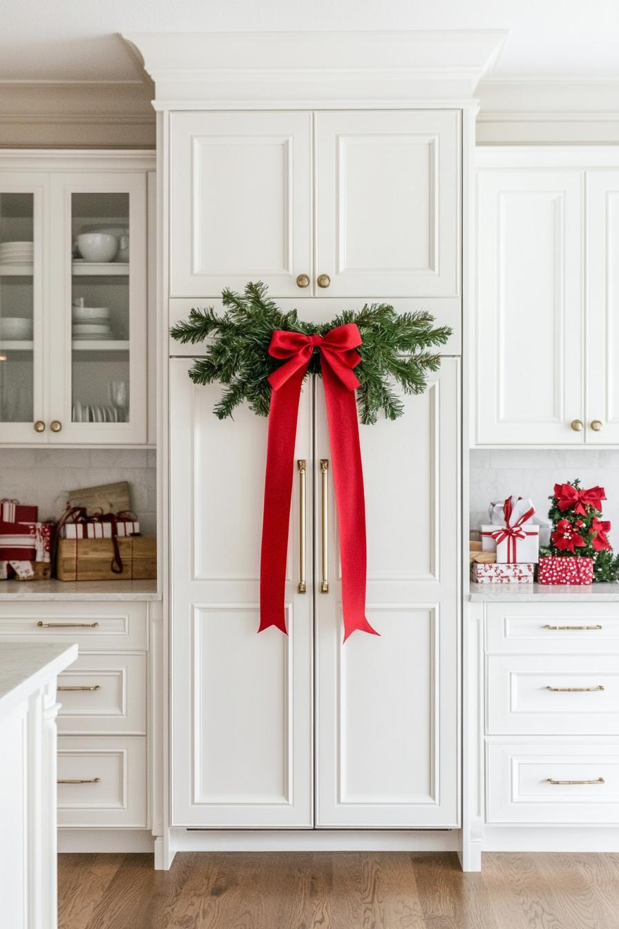 white kitchen cabinets decorated with gift ribbons across the doors for Christmas