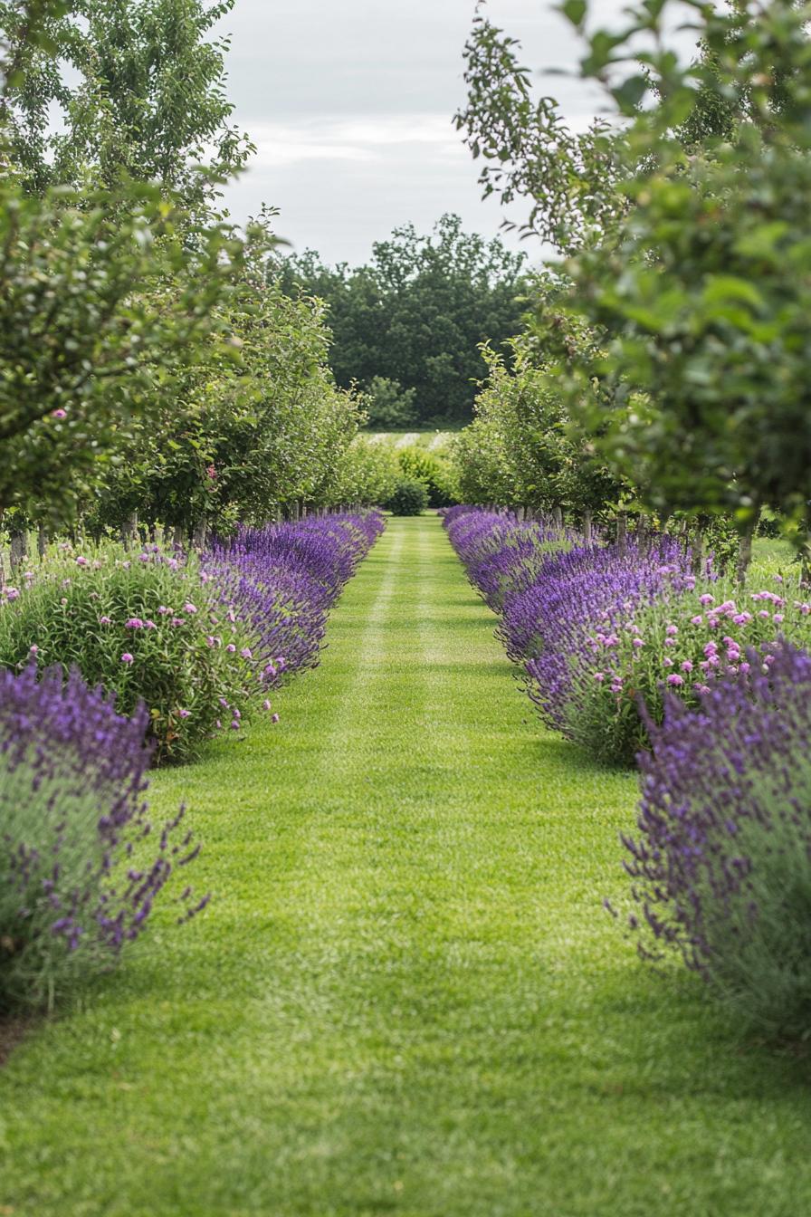 apple tree orchard garden with lush lavenders hyssops purple salvias rosemary plants between symmetrically planted trees along a grass path in the