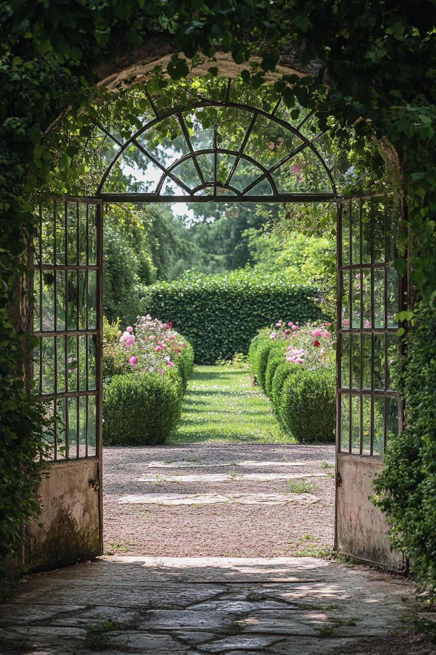 arched door to a garden the arch is overgrown with flower vines the fence is geometric shrubs the door has glass panels and the lush garden is 1