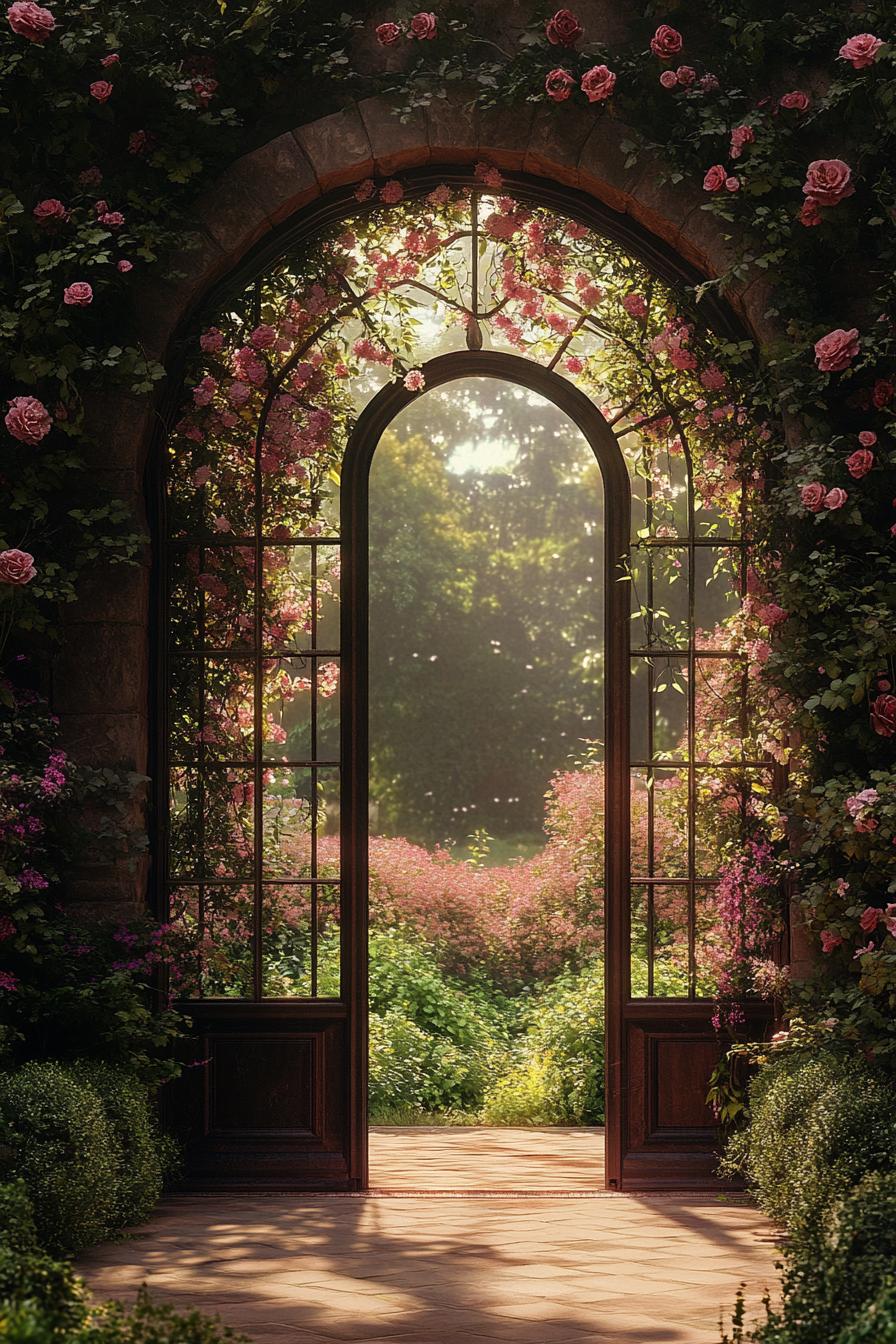 arched door to a garden the arch is overgrown with flower vines the fence is geometric shrubs the door has glass panels and the lush garden is