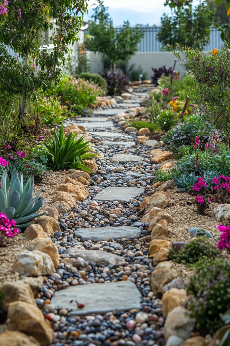 backyard garden river rock garden geometric design with mulch and flower bushes succulents stone beds paved paths 1