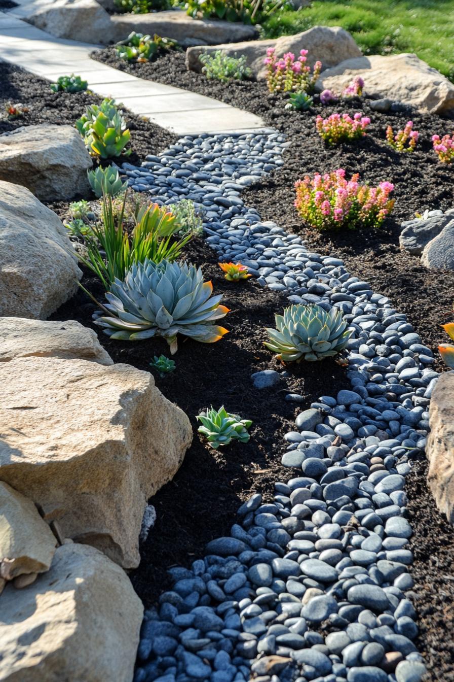 backyard garden river rock garden geometric design with mulch and flower bushes succulents stone beds paved paths 2