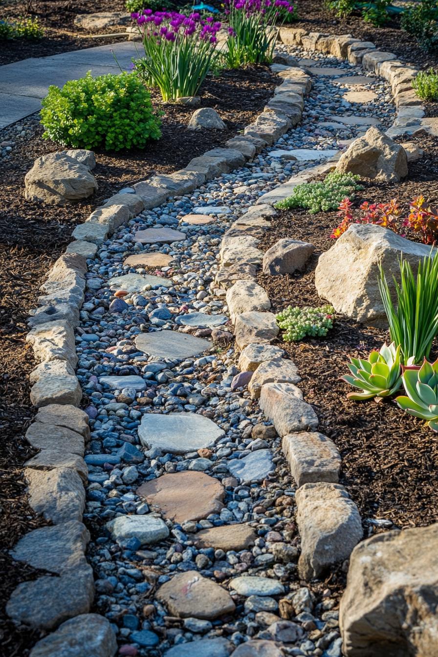 backyard garden river rock garden geometric design with mulch and flower bushes succulents stone beds paved paths 3