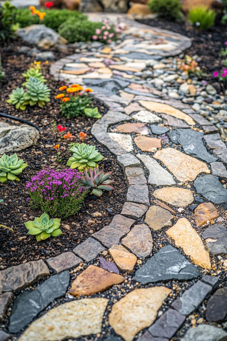 backyard garden river rock garden geometric design with mulch and flower bushes succulents stone beds paved paths