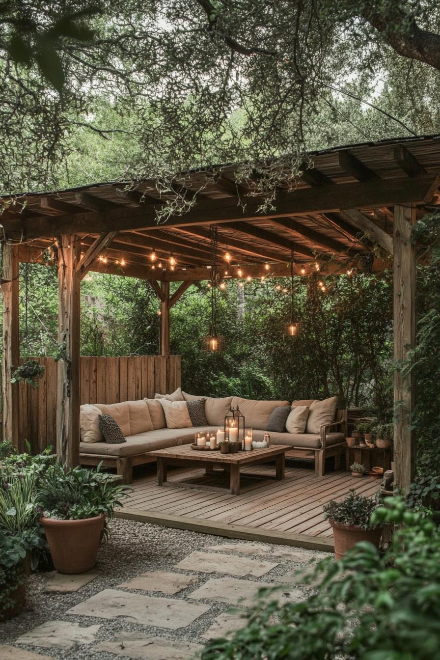 backyard wooden gazebo with rustic beams asphalt shingle pitched roof the roof is lined with string lines the deck is wooded in the gazebo is a 1