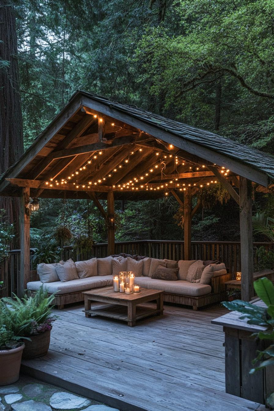 backyard wooden gazebo with rustic beams asphalt shingle pitched roof the roof is lined with string lines the deck is wooded in the gazebo is a 2