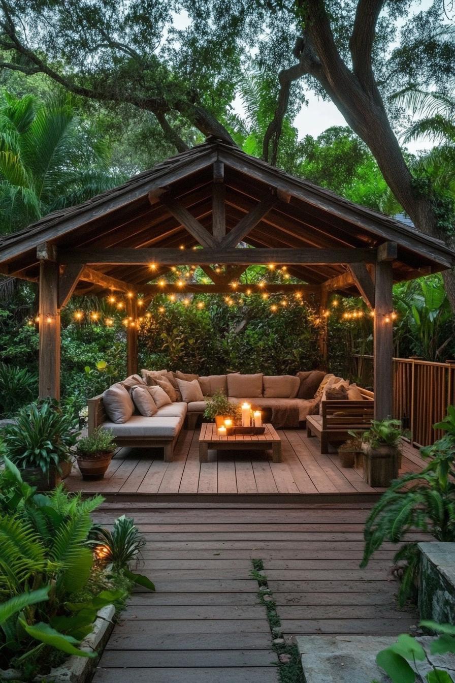 backyard wooden gazebo with rustic beams asphalt shingle pitched roof the roof is lined with string lines the deck is wooded in the gazebo is a 3