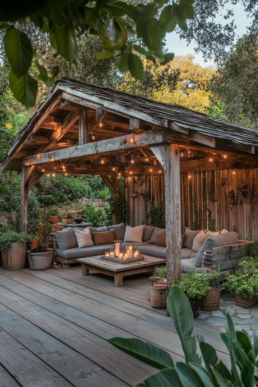 backyard wooden gazebo with rustic beams asphalt shingle pitched roof the roof is lined with string lines the deck is wooded in the gazebo is a