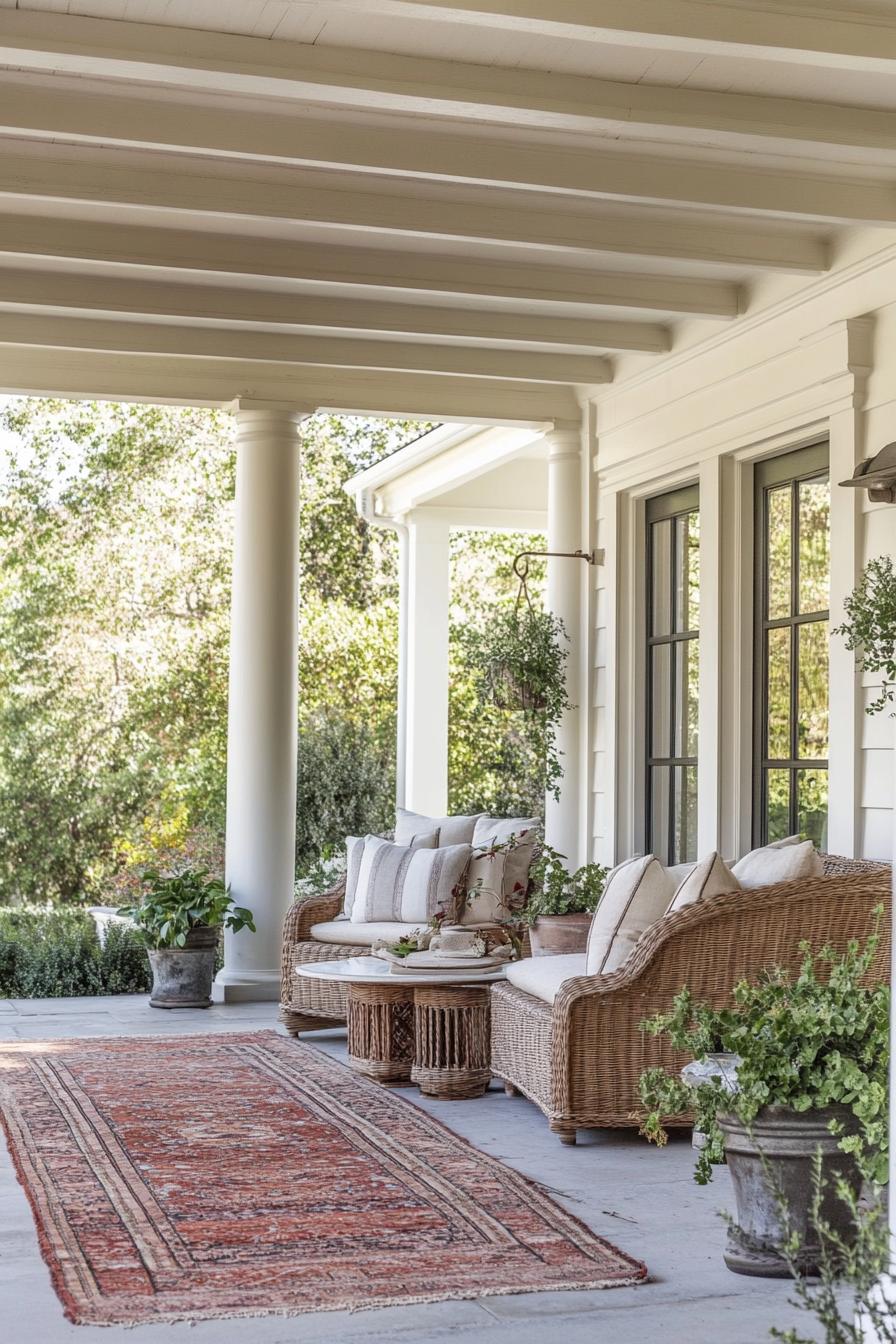 clapboard siding house porch with beam columns woven furniture area rug plants