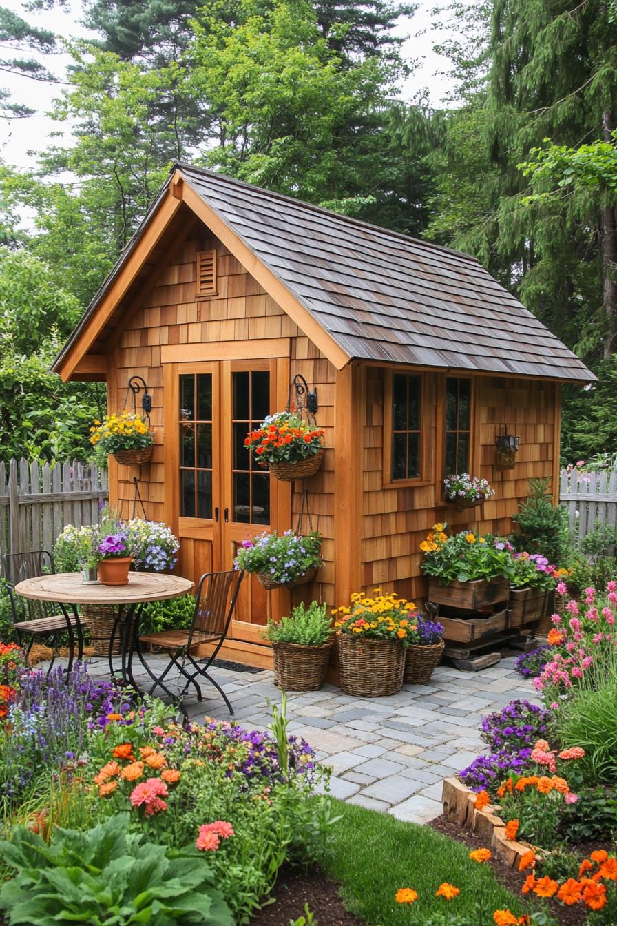 country backyard garden modern wooden shed with natural wood clapboard siding and pitched roof a small stone paved patio in front of the shed with 1