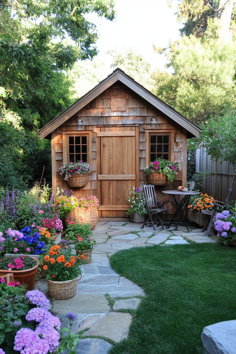 country backyard garden modern wooden shed with natural wood clapboard siding and pitched roof a small stone paved patio in front of the shed with