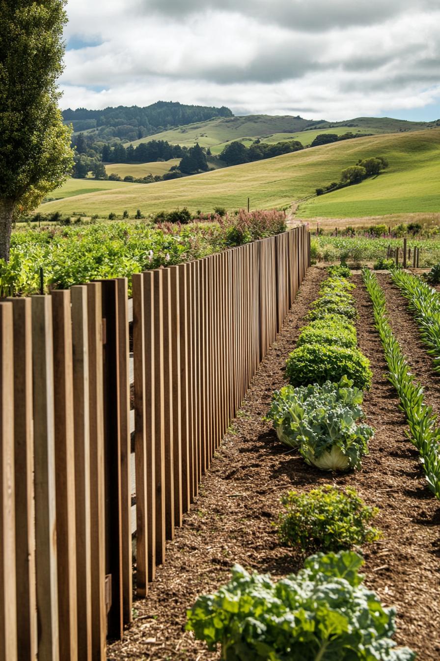 farm garden with a row of vegetable beds lined perpendicular to a modern wooden fence with slats there are green fields and hills in the background 1