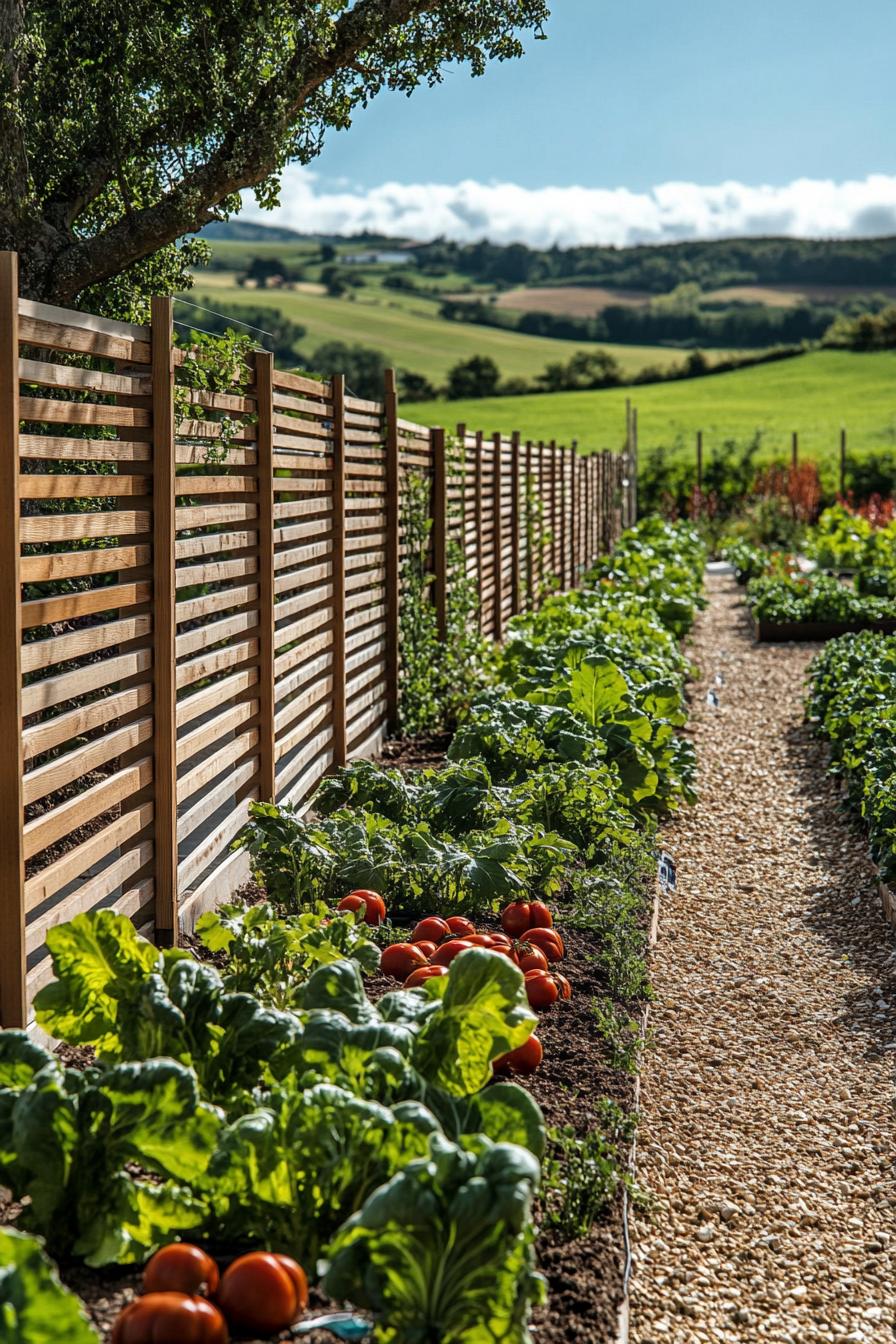 farm garden with a row of vegetable beds lined perpendicular to a modern wooden fence with slats there are green fields and hills in the background