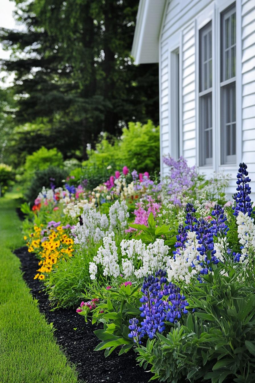 flower garden lining a cottage house with white clapboard siding the flowers include lupins thimes baby breaths and herb plants planted in black