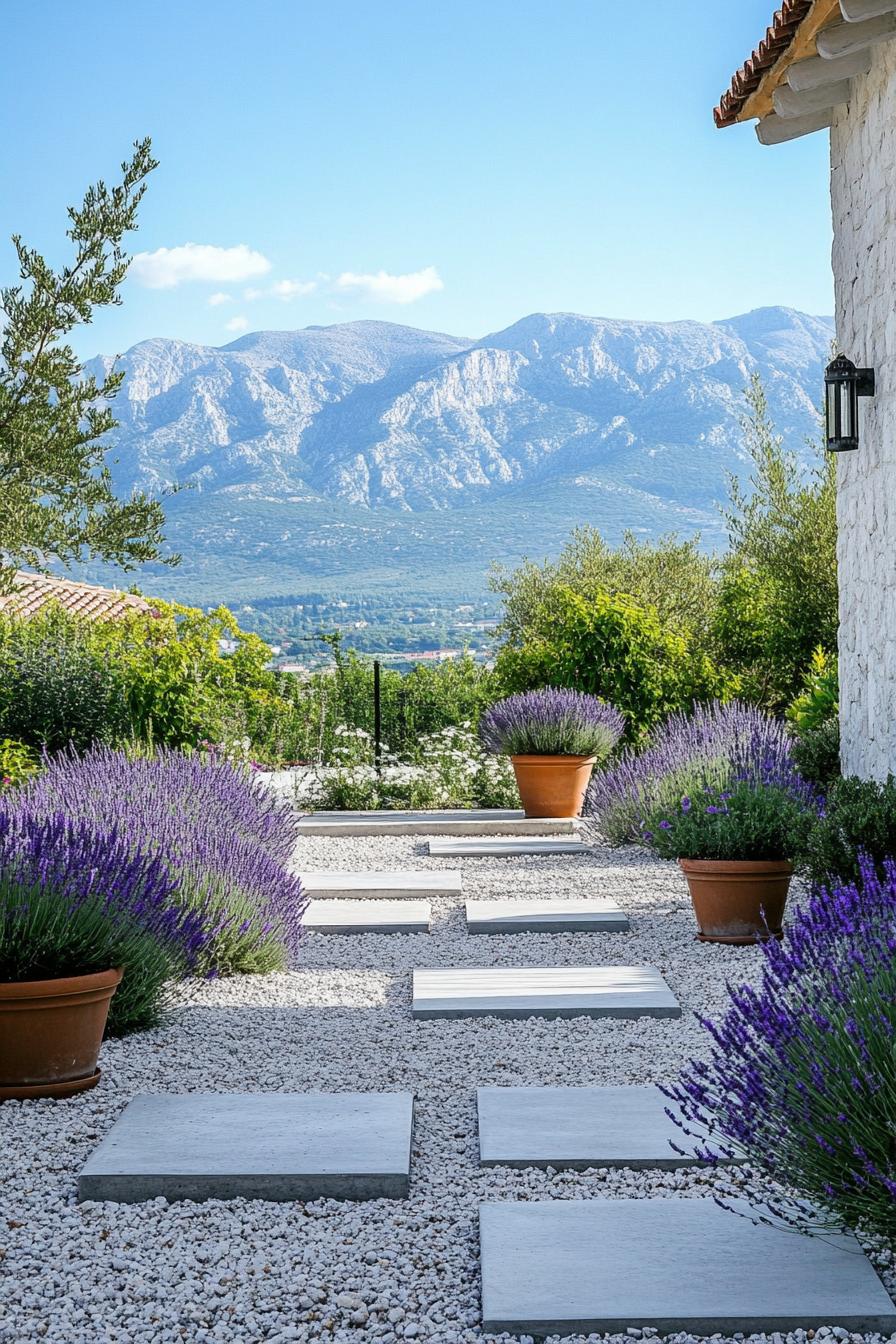 mediterranean front yard landscape with geometric concrete tile on gravel potted lavenders shrubs mediterranean mountains in the background 1