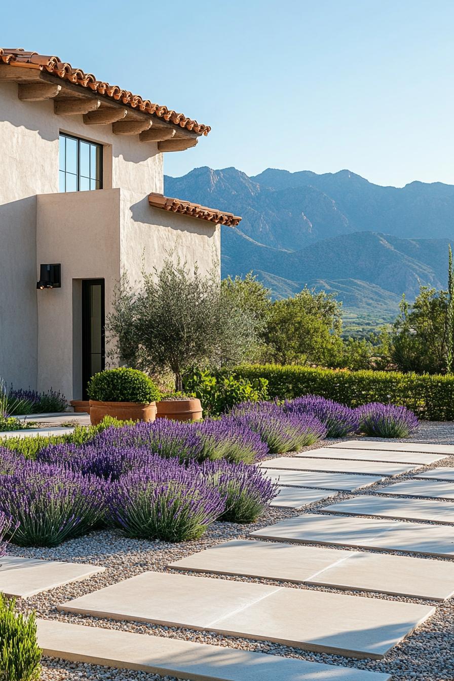 mediterranean front yard landscape with geometric concrete tile on gravel potted lavenders shrubs mediterranean mountains in the background 2