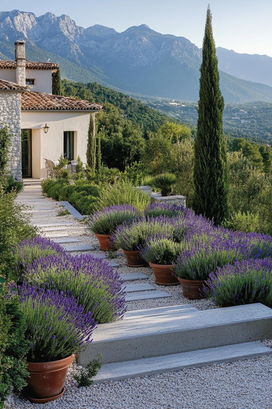 mediterranean front yard landscape with geometric concrete tile on gravel potted lavenders shrubs mediterranean mountains in the background 3