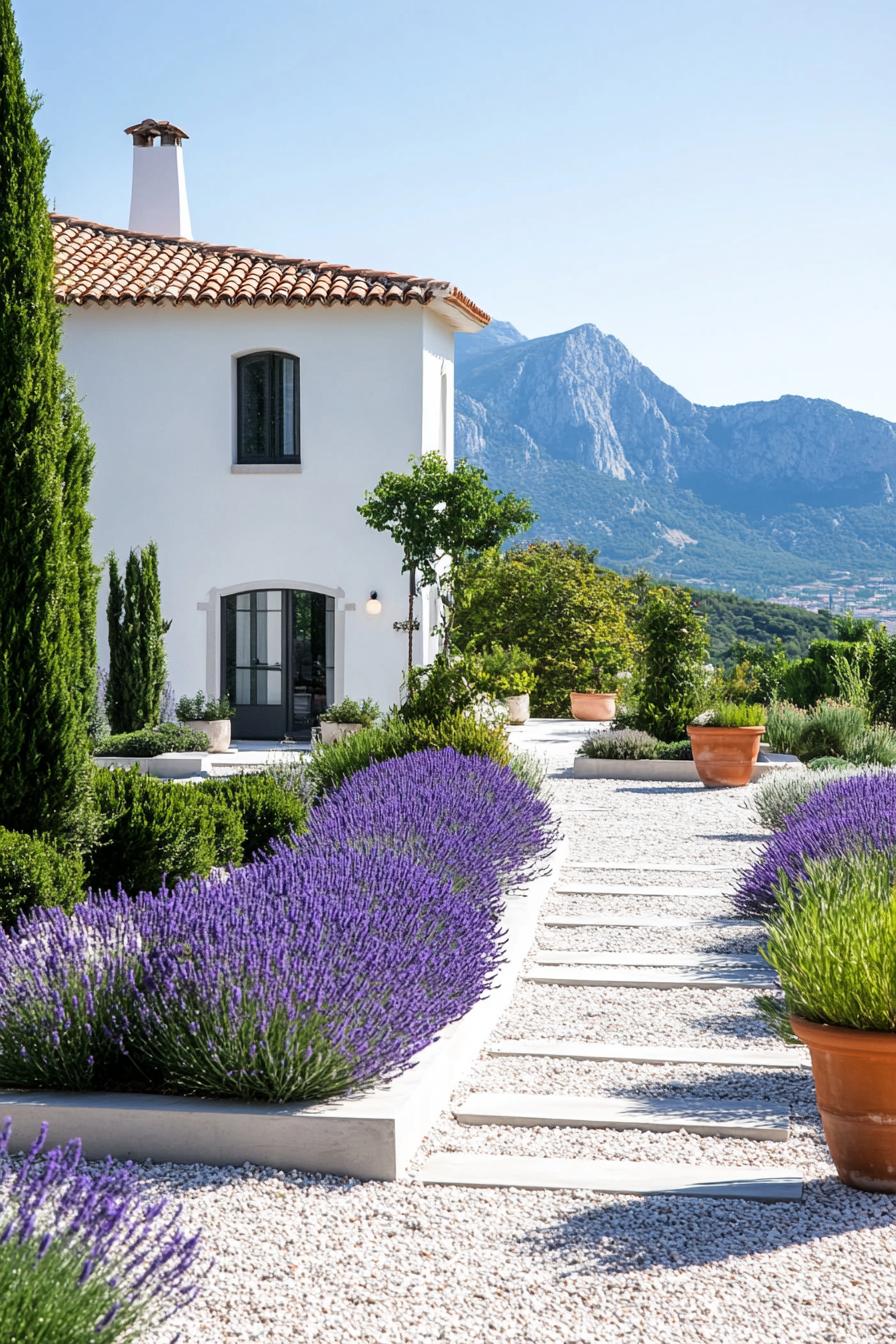 mediterranean front yard landscape with geometric concrete tile on gravel potted lavenders shrubs mediterranean mountains in the background