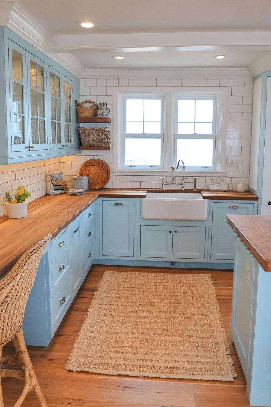 modern coastal kitchen with pastel ocean blue cabinets wooden countertops white apron sink woven kitchen bar chairs jute area rug on natural wood