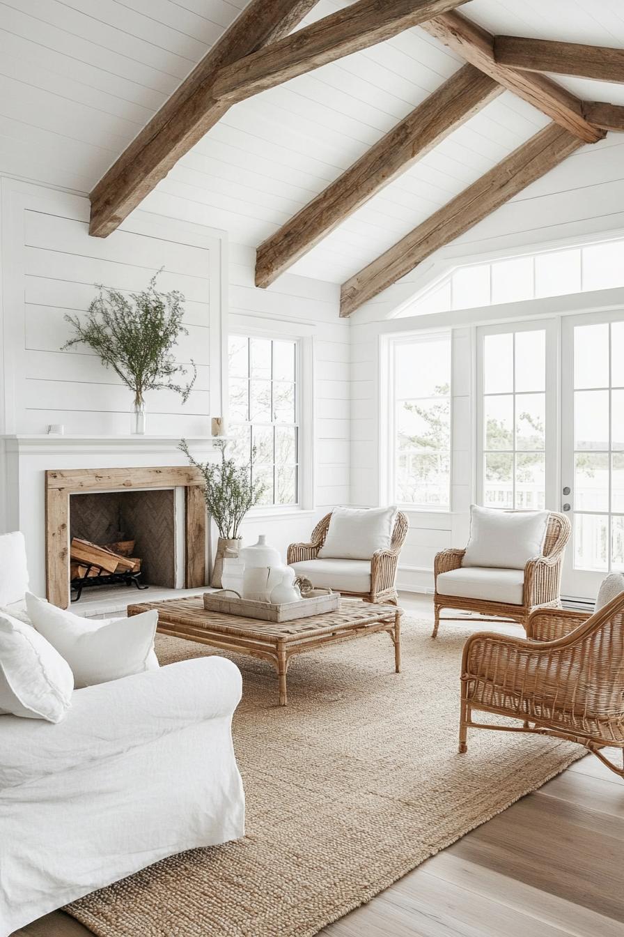 modern farmhouse living room with shiplap white walls white ceiling with exposed rustic wood beams fireplace with rustic wooden face white sofa 1