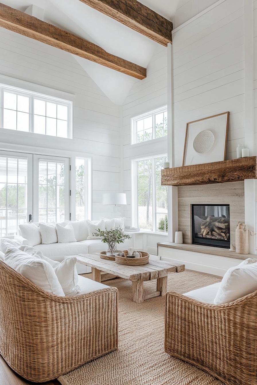 modern farmhouse living room with shiplap white walls white ceiling with exposed rustic wood beams fireplace with rustic wooden face white sofa 2