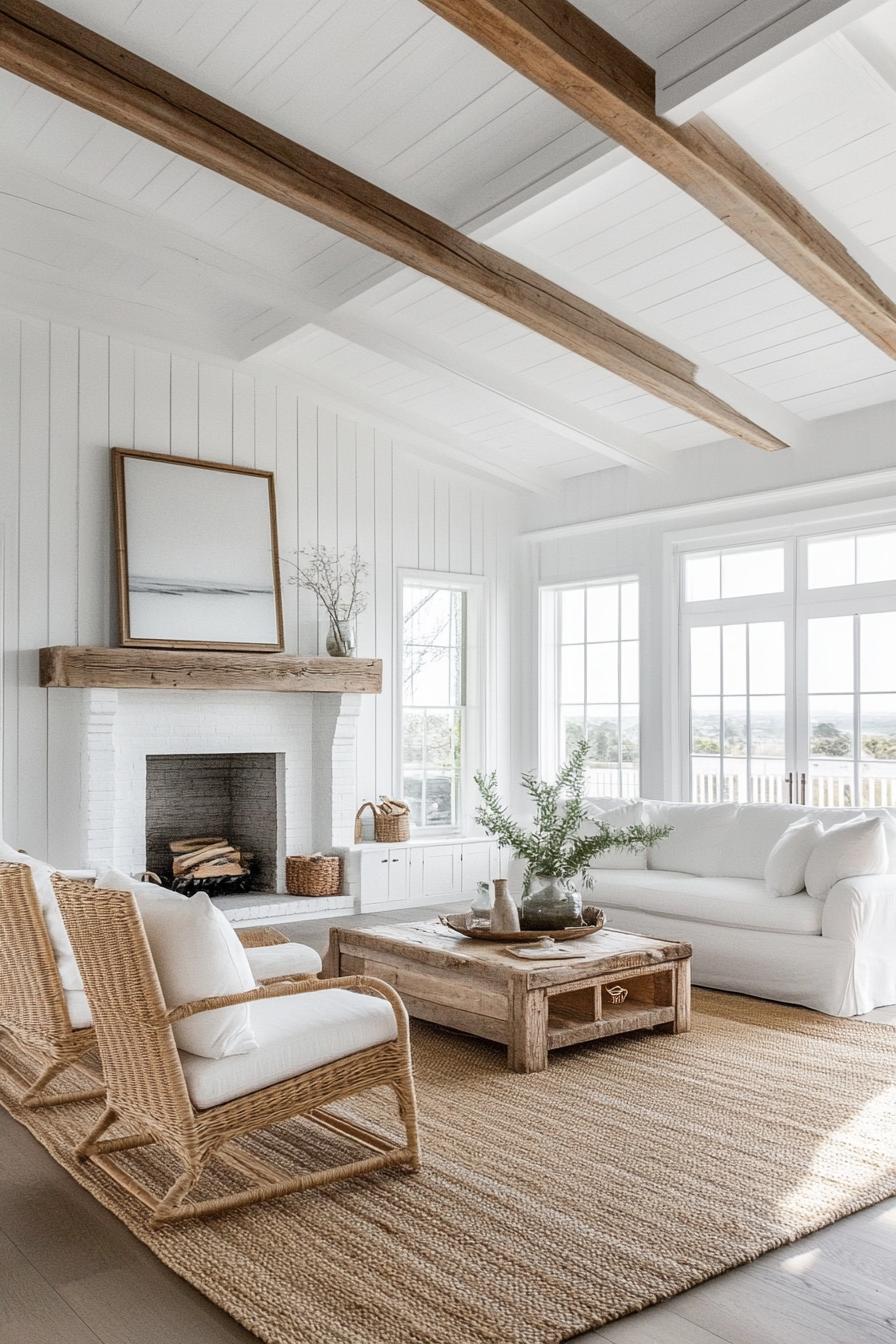 modern farmhouse living room with shiplap white walls white ceiling with exposed rustic wood beams fireplace with rustic wooden face white sofa