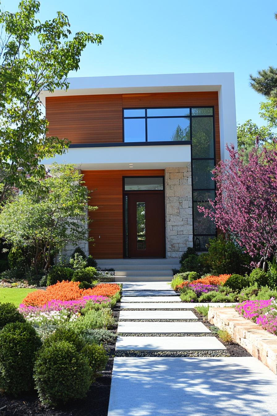 modern house front yard with flowering shrubs 1