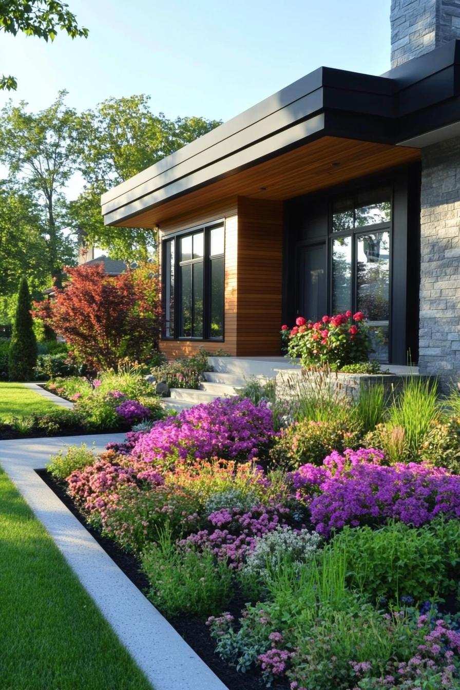 modern house front yard with flowering shrubs 2