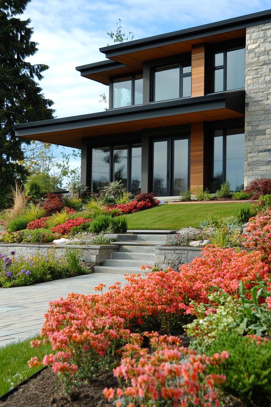 modern house front yard with flowering shrubs 3