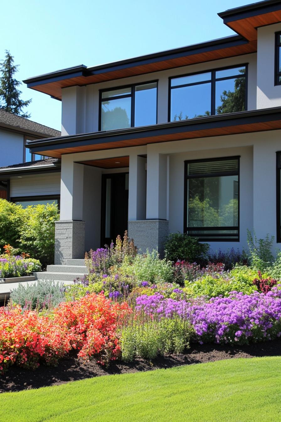 modern house front yard with flowering shrubs