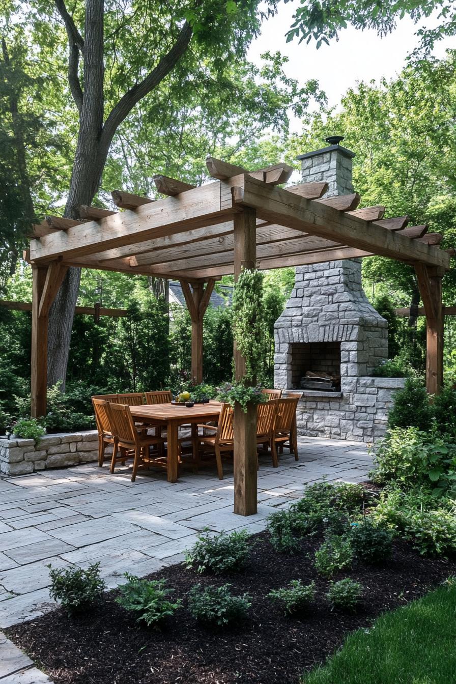 natural wood pergola with beams on stone foundations terracotta deck wooden furniture stone chimney oven the deck is lined in dark mulch and 1