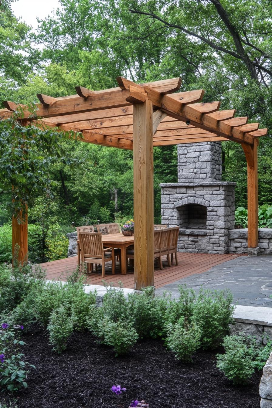 natural wood pergola with beams on stone foundations terracotta deck wooden furniture stone chimney oven the deck is lined in dark mulch and 2