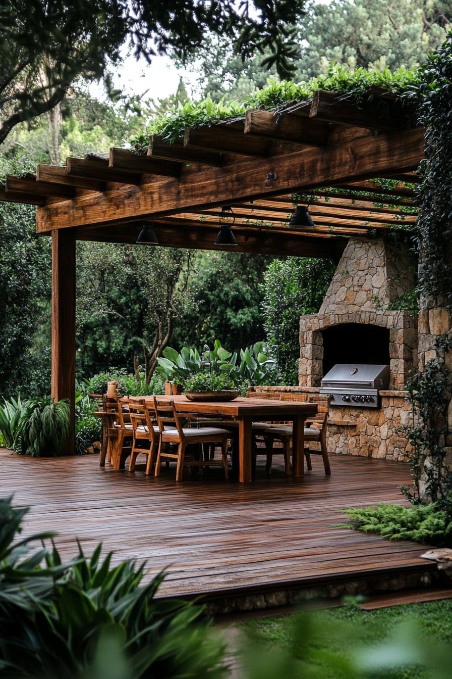 natural wood pergola with beams on stone foundations terracotta deck wooden furniture stone chimney oven the deck is lined in dark mulch and 3