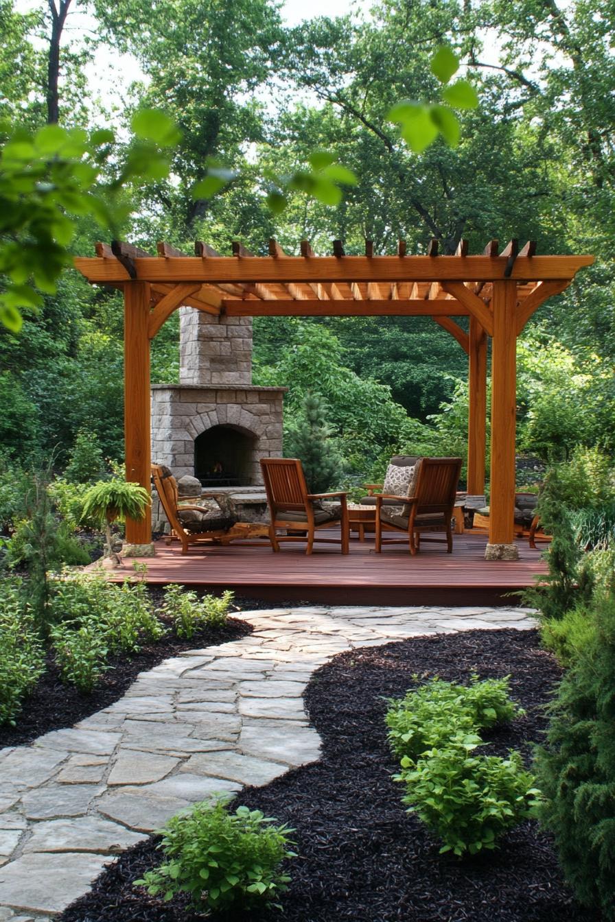 natural wood pergola with beams on stone foundations terracotta deck wooden furniture stone chimney oven the deck is lined in dark mulch and