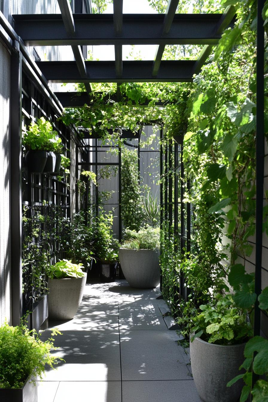 small modern patio with trellis potted plants and vines