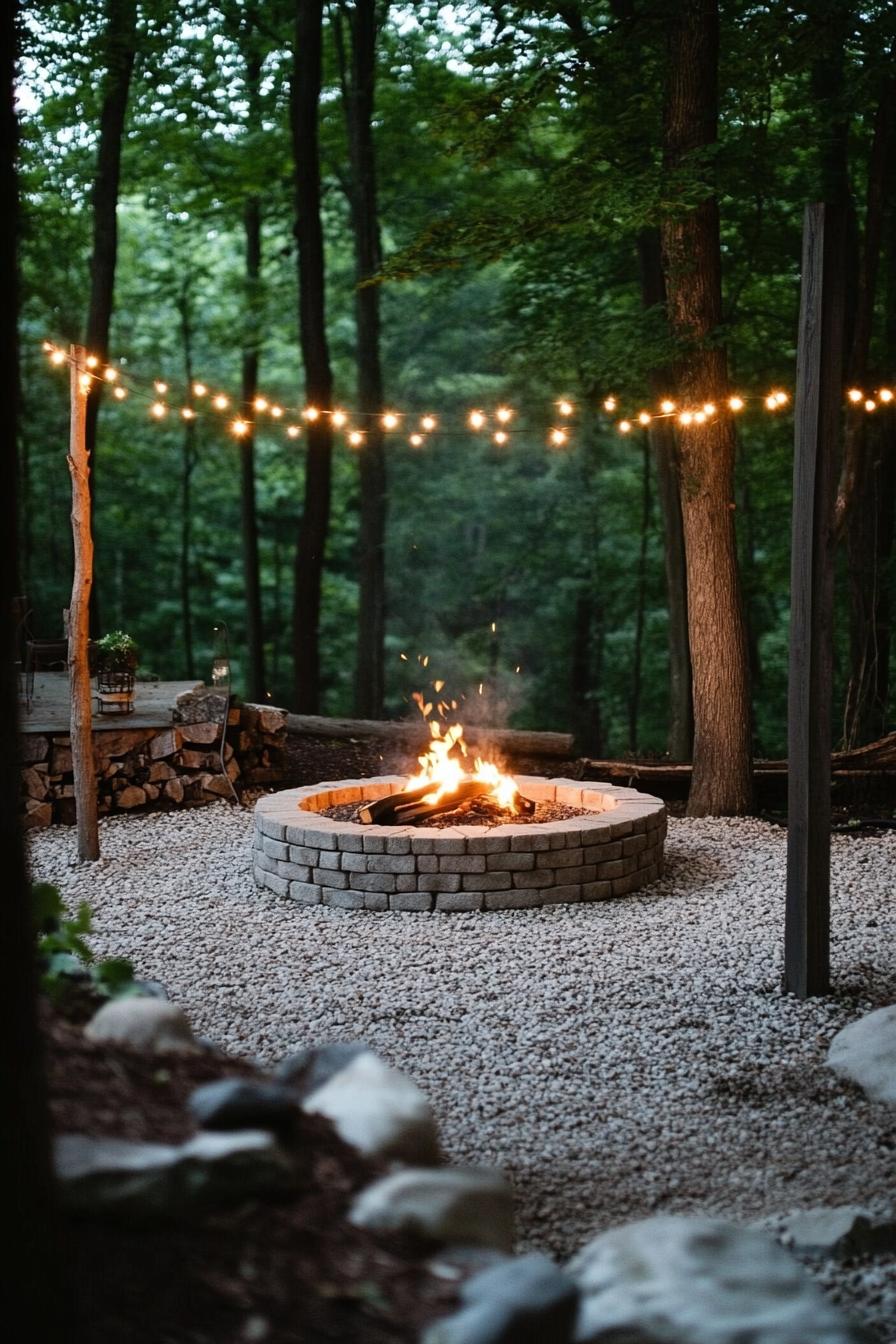 square brick fire pit are on gravel posts in the corners string lights on the poles 1