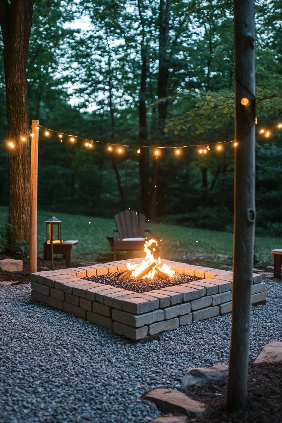 square brick fire pit are on gravel posts in the corners string lights on the poles 2